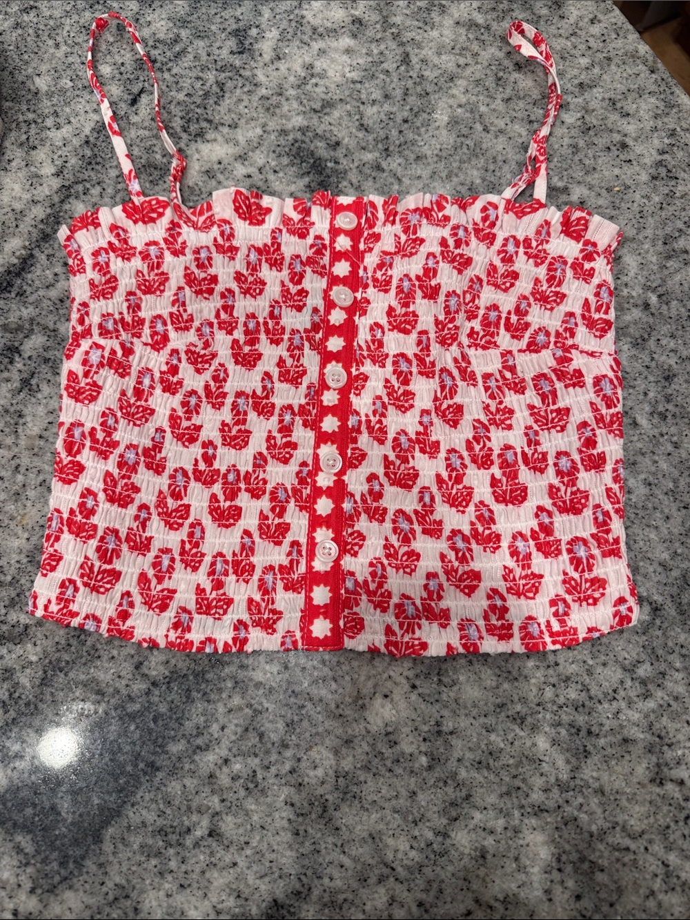 Roller Rabbit Red and White Smocked Floral Button-Front Cami
